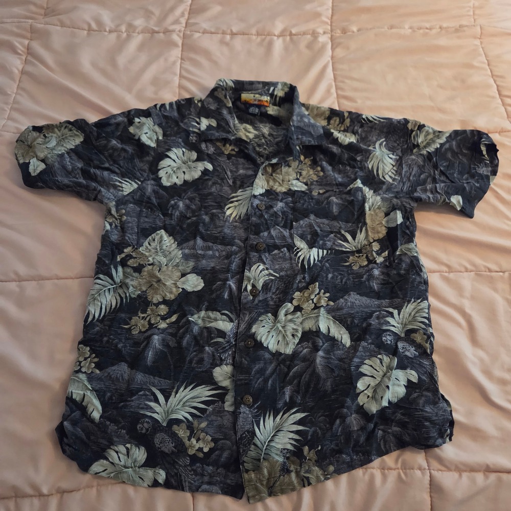 Havana Jacks Cafe Mens Large Silk Tropical Floral Aloha Shirt Charcoal Gray L